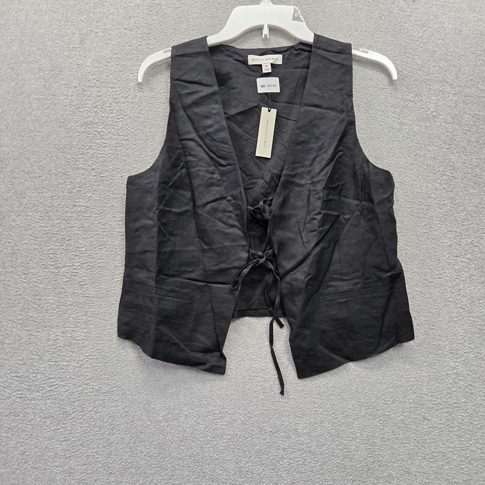 Banana Republic Women Jacket M Black Vest Linen Blend Tie Front Sleeveless NWT